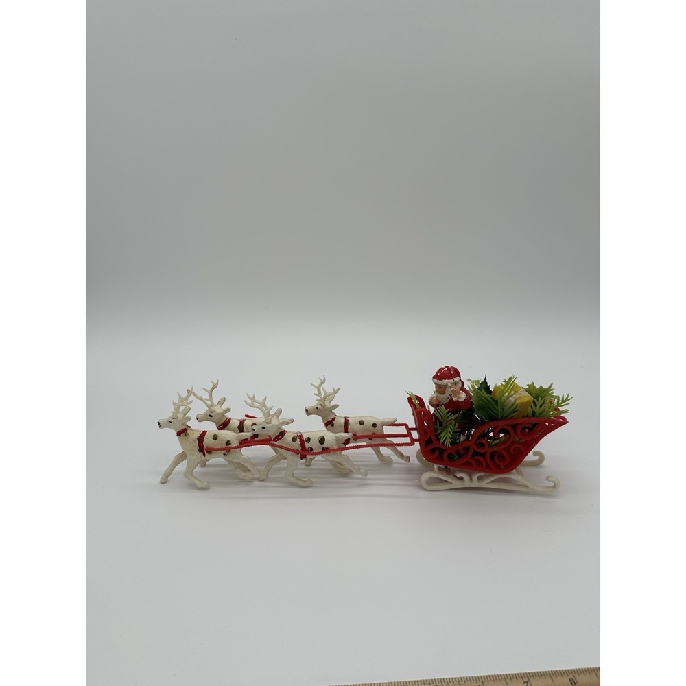 Vintage Plastic Santa Claus Red Sleigh 4 White Reindeer Christmas Tabletop Decor - Picture 1 of 10